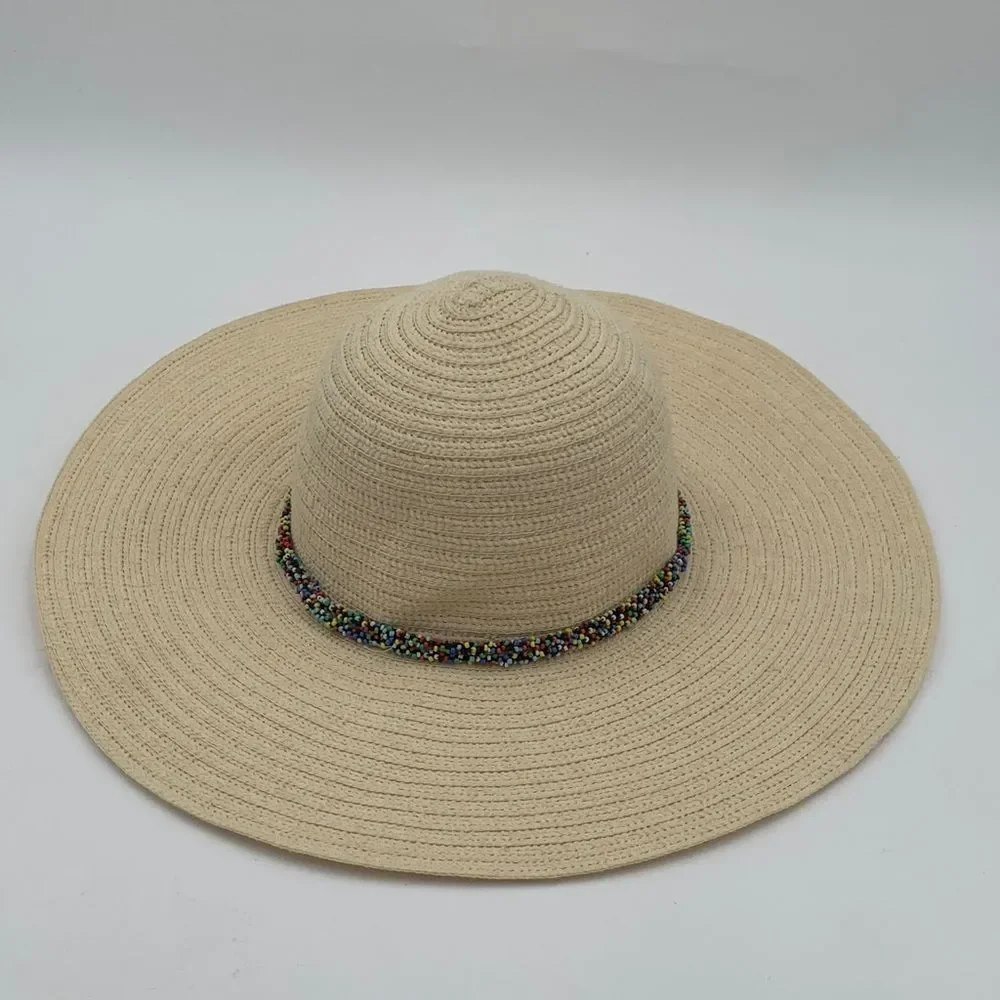 The Accessory Collective Wide Brim Straw Sun Hat Beaded Band Panama Style OS